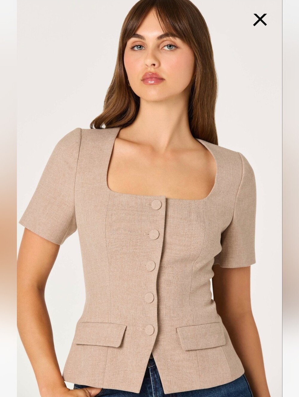 Astr The Label Square Neck Short Sleeve Button Front Blazer Top in Beige Xs